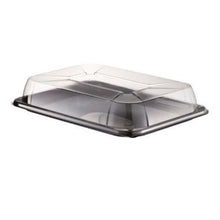 Carica l'immagine nel visualizzatore di Gallery, VASSOIO VASCHETTA TRASPARENTE CON COPERCHIO NERO PER DOLCI, TIRAMISU' E ALIMENTI VARI - SET DA 3 PEZZI
