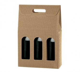 scatola per tre bottiglie di vino verticali in cartoncino ondulato avana