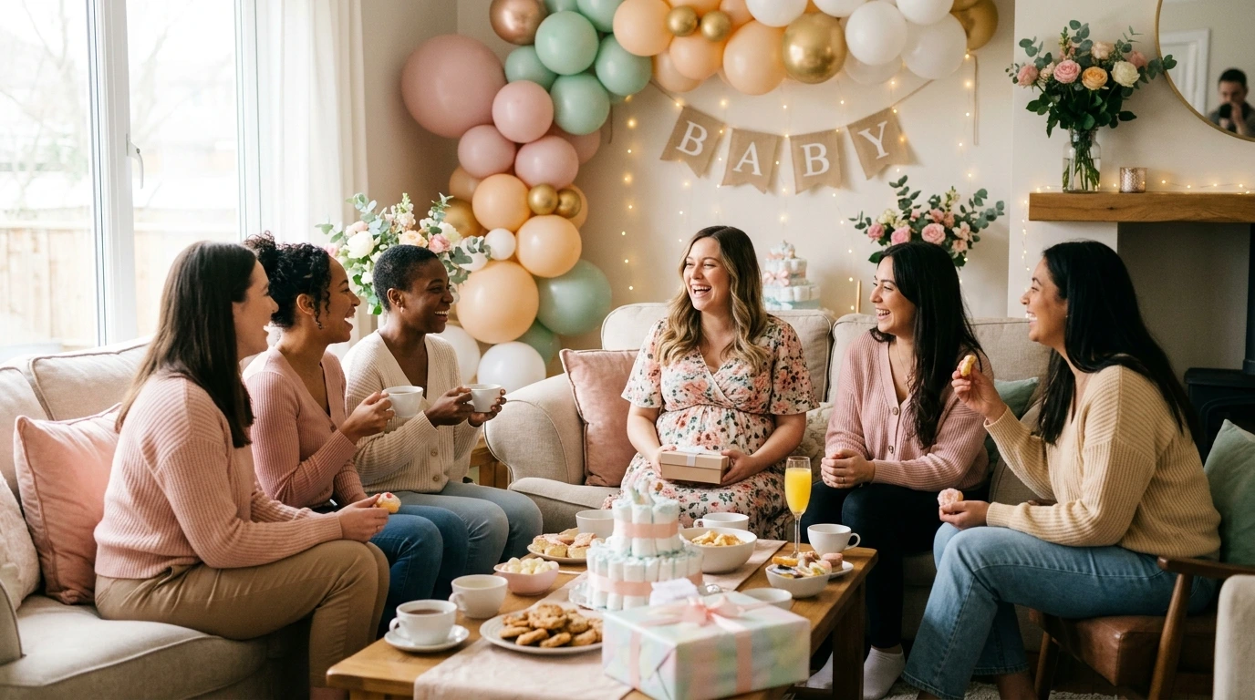 Ospiti a un baby shower intorno al tavolo