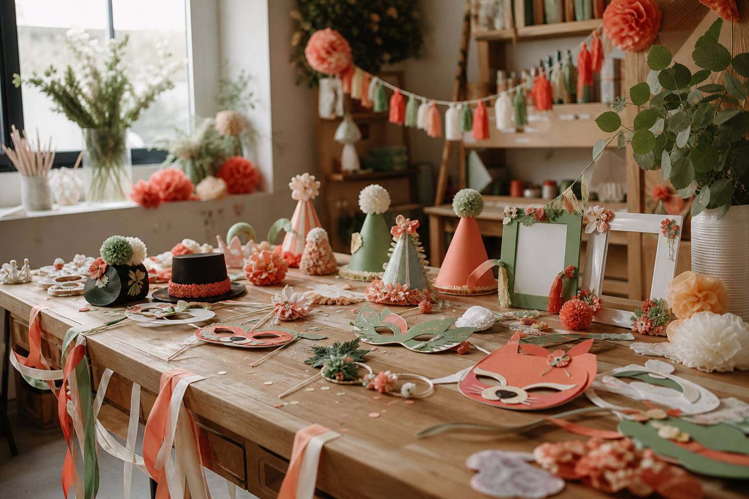 Accessori per photo booth: maschere, cappelli, cornici e ghirlande colorate su tavolo festivo