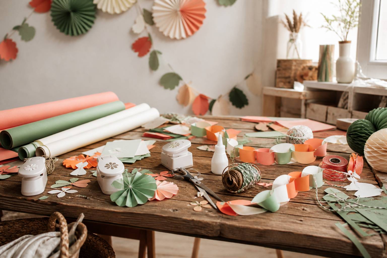 Materiali per creare festoni: carta colorata, forbici, colla, nastri su tavolo da lavoro