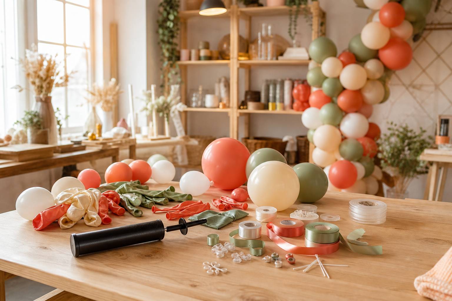 Palloncini colorati, pompa, nastri e materiale per creare archi di palloncini fai da te