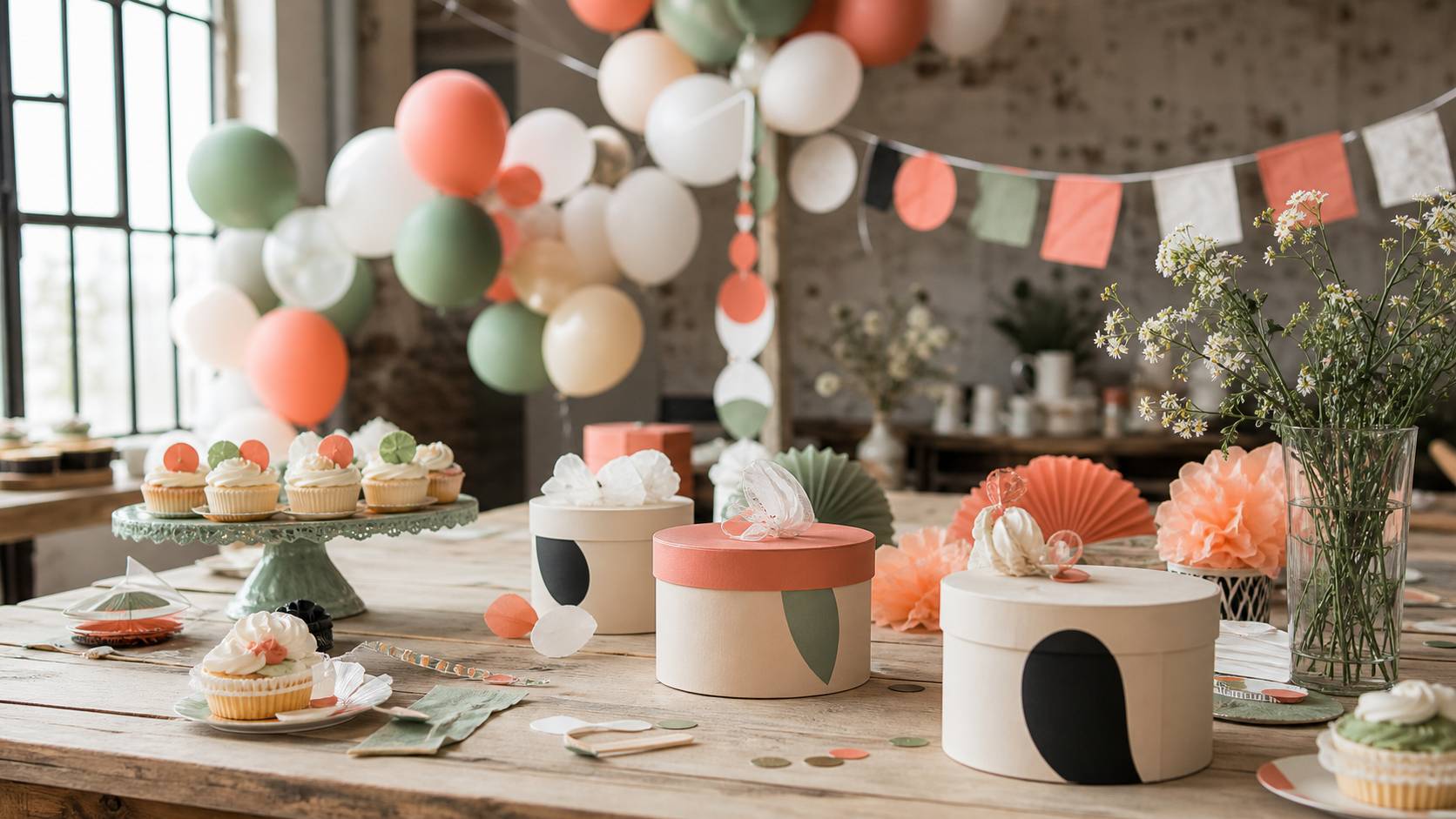 Decorazioni per gender reveal: scatole coriandoli, palloncini rosa e blu per festa annuncio