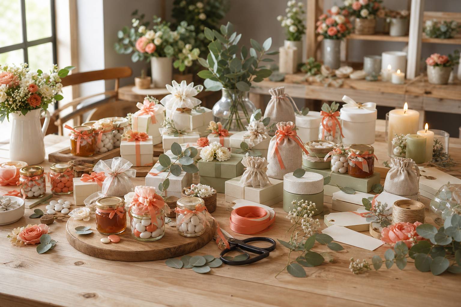 Idee bomboniere battesimo tra dolci e utili presentate su tovaglia elegante per inviti