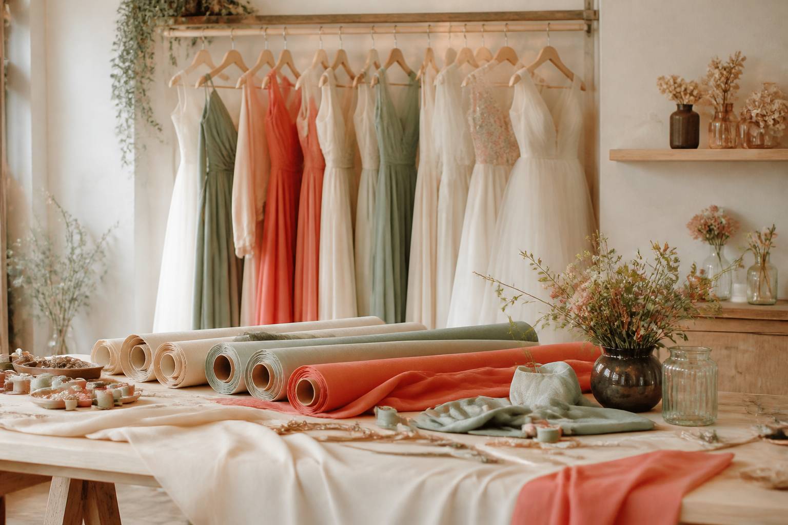Ensemble de robes de cérémonie sur cintres avec des tissus et des accessoires