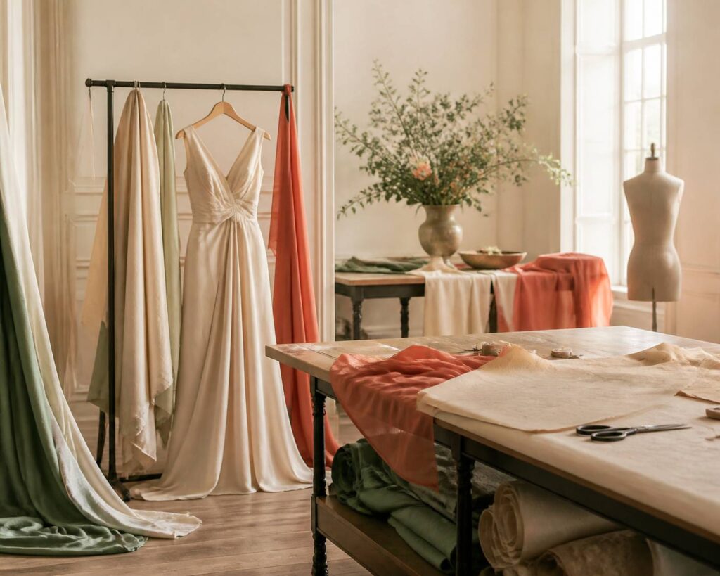 Robe de cérémonie élégante suspendue dans un atelier lumineux avec des tissus raffinés