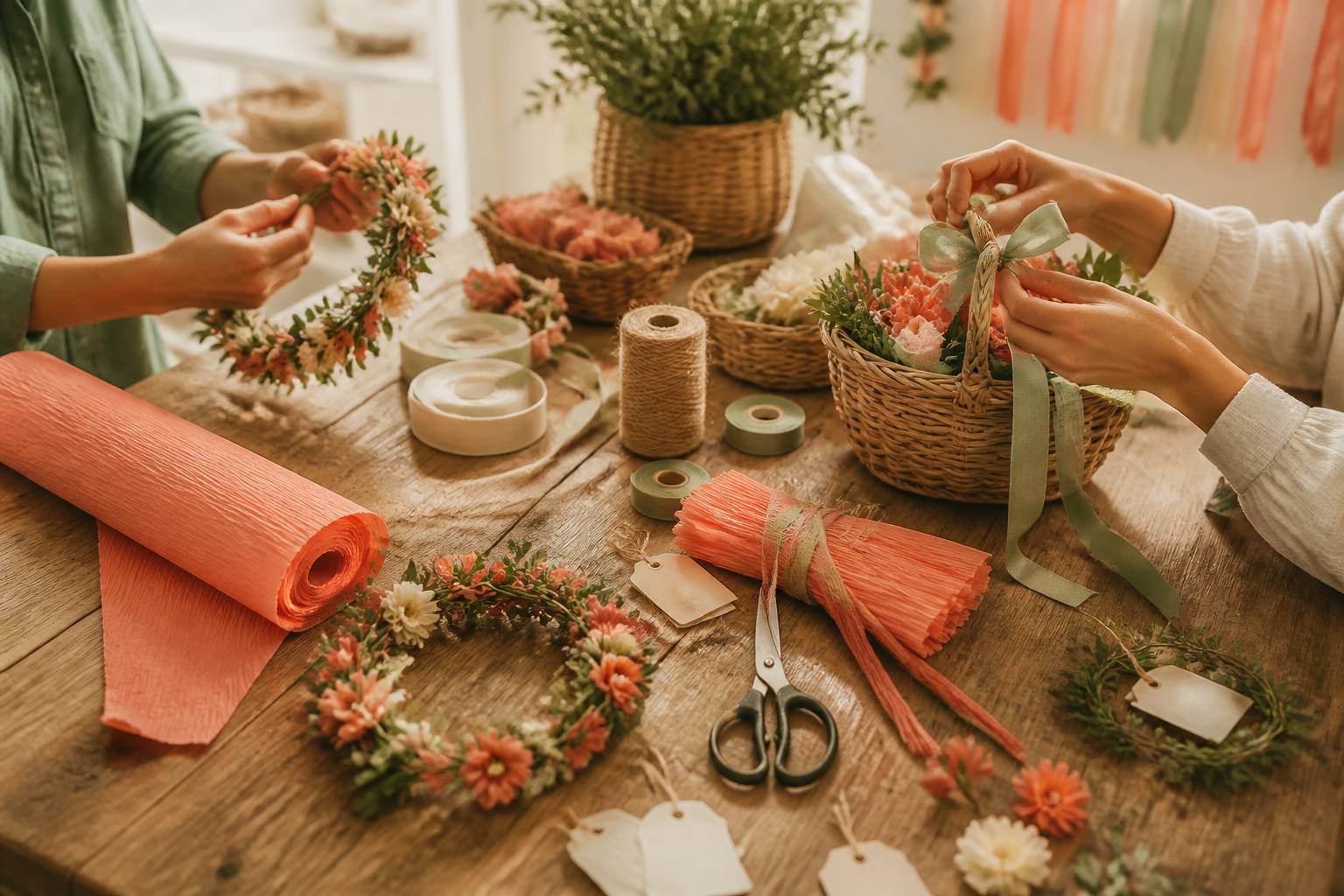 Mains anonymes préparant des accessoires de fête artisanaux avec papier crépon corail