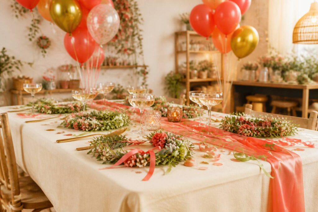 Table de fête entre amies avec nappe crème, ballons corail et accessoires artisanaux