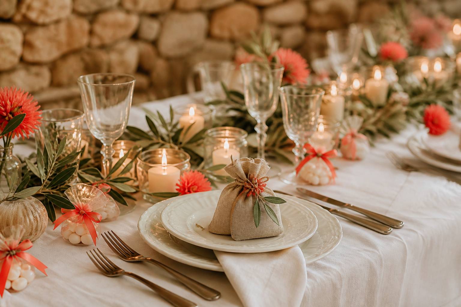 Bombonières et confetti sur une table de mariage avec branche d'olivier