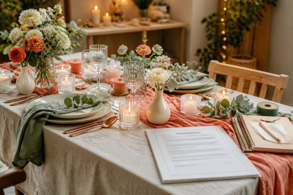Table de mariage festive avec couverts, fleurs et bougies