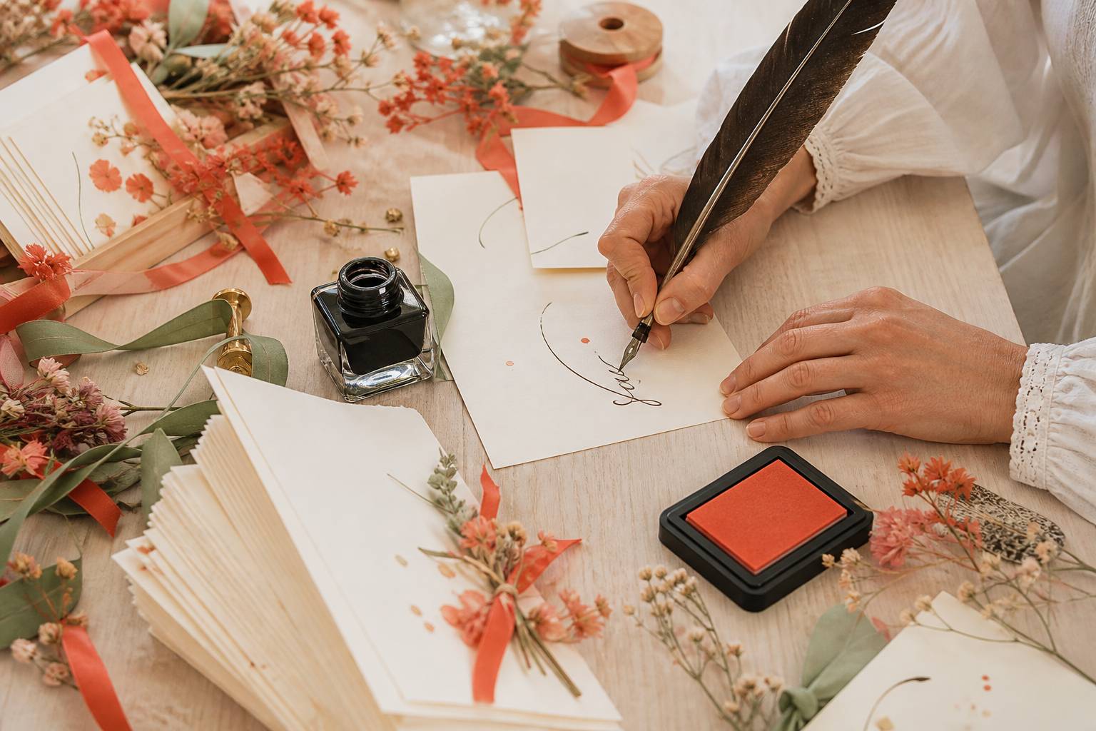 Mains calligraphiant un faire-part de mariage à la plume