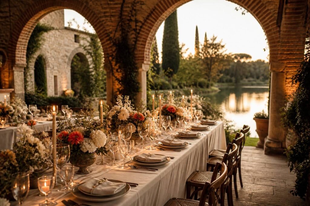 Cour lombarde en pierre avec table de banquet et lac privé