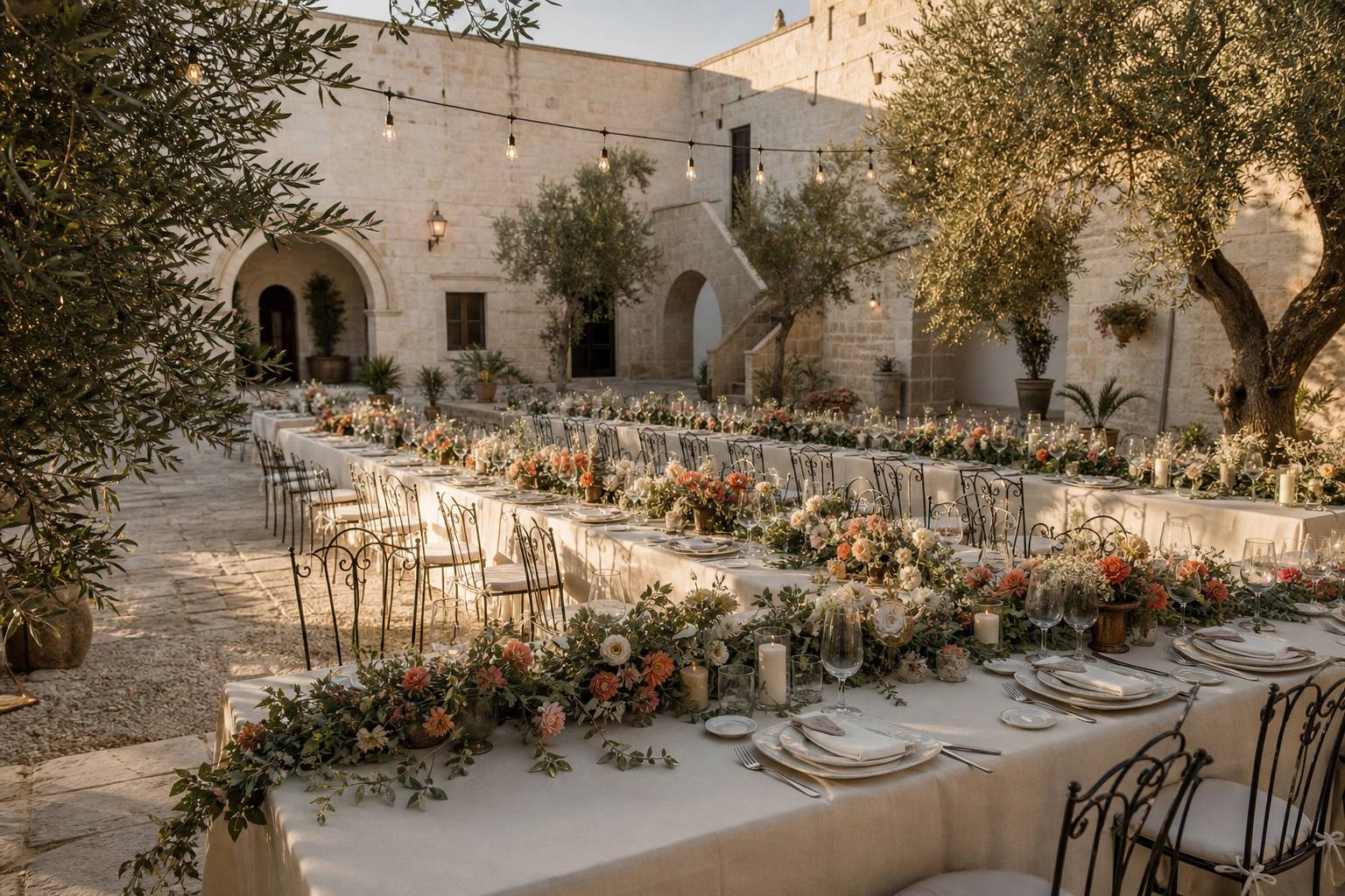 Cour de masseria avec tables de banquet dressées pour un mariage