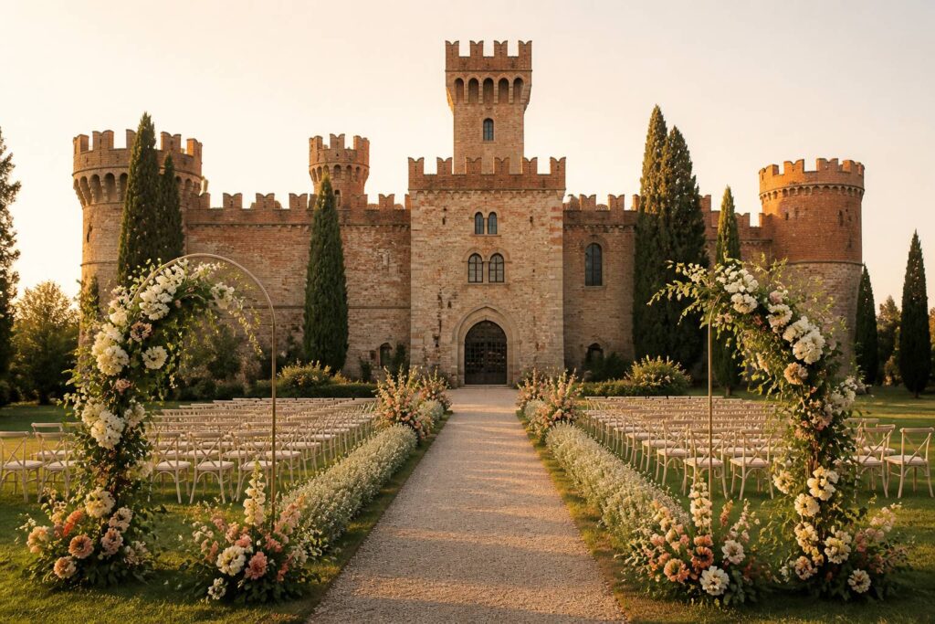 Castello italiano con allestimento per matrimonio e archi floreali
