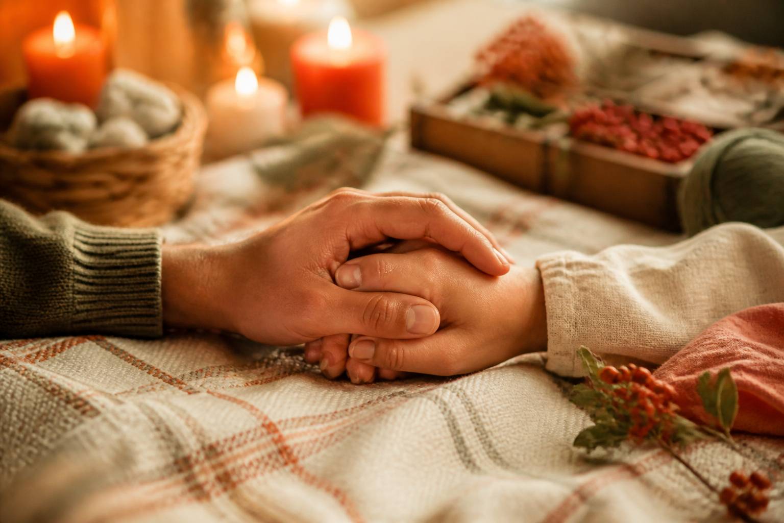 Due mani adulte che si tengono sopra un plaid di lino crema