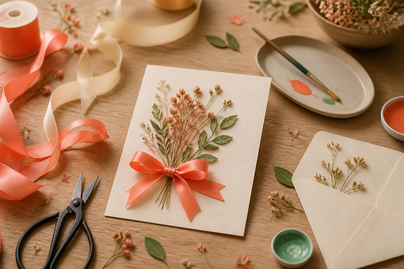 Atelier créatif avec carte décorée de fleurs séchées, rubans, enveloppe et pinceaux sur un bureau chaleureux
