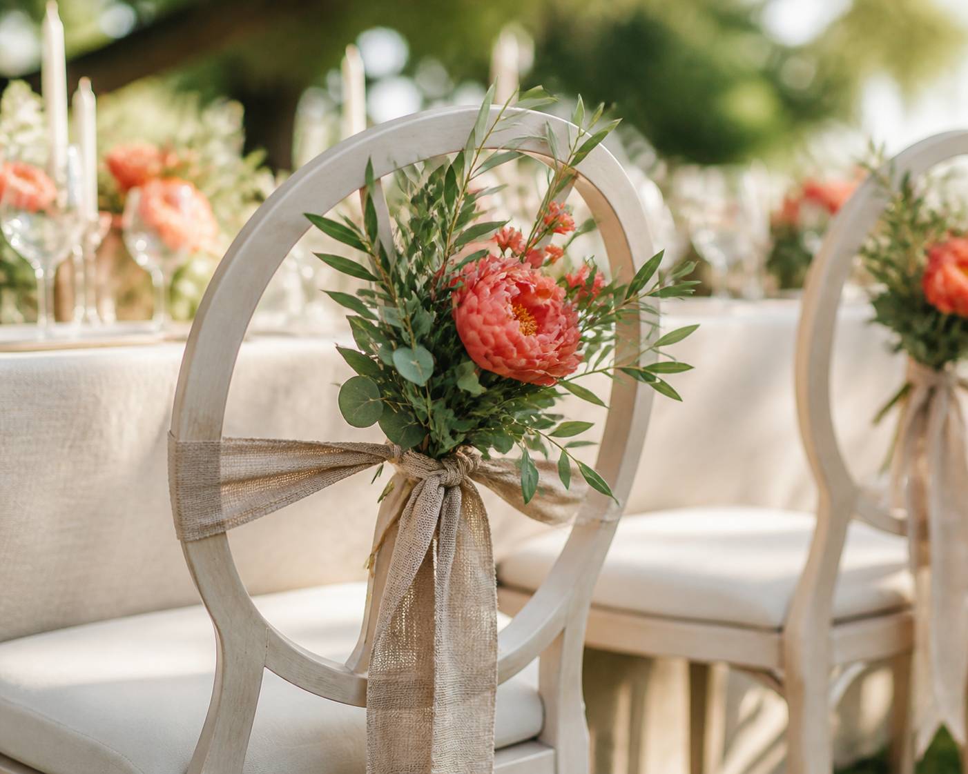 Chaise de mariage décorée d'un bouquet de fleurs corail et sauge