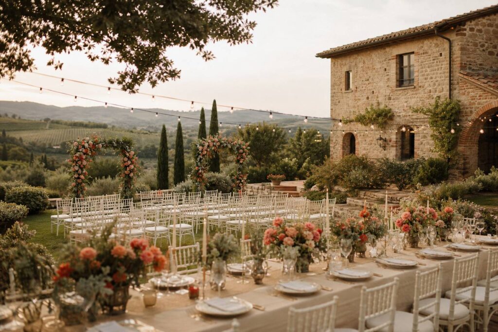 Domaine de réception de mariage en pierre avec jardin, chaises blanches et arches fleuries en fin d'après-midi