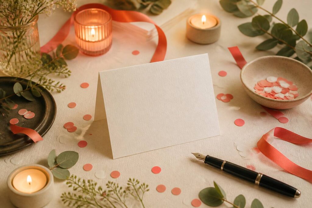 Carte de vœux en papier épais avec confettis et ruban sur une table de fête