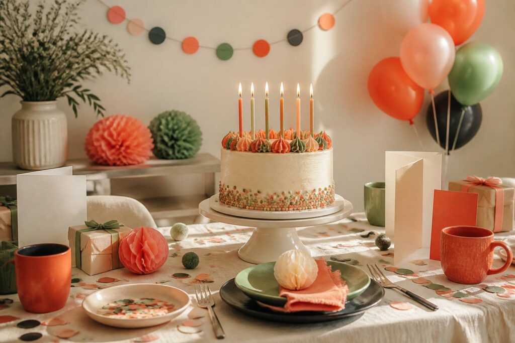 Gâteau d'anniversaire avec bougies allumées, ballons colorés et cartes de vœux sans texte sur une table de fête