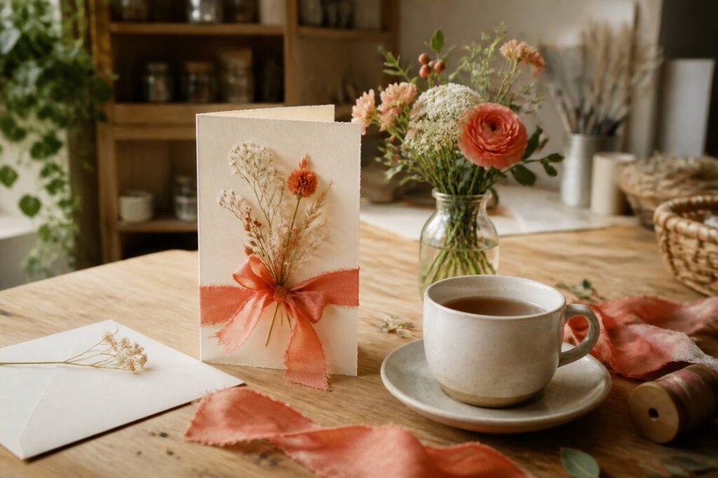 Carte de vœux artisanale crème ornée de fleurs séchées et d'un ruban corail sur une table en bois