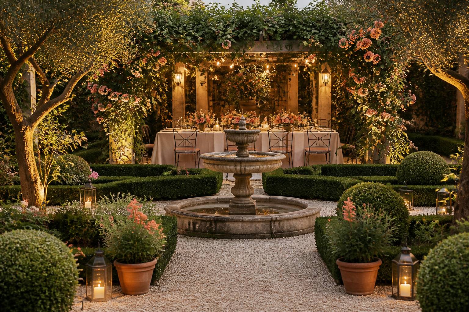 Jardin à l'italienne avec buis taillés et tonnelle fleurie