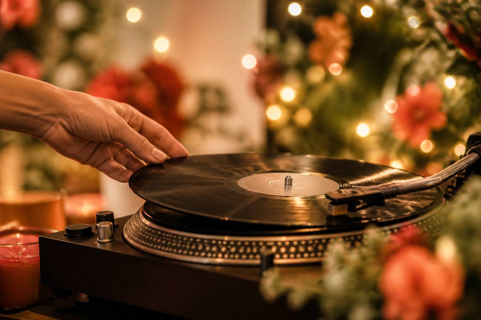 Main déposant un vinyle sur une platine avec guirlandes floues