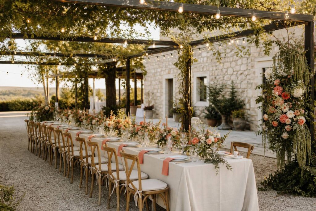 Masseria italienne en pierre avec jardin de réception sous pergola