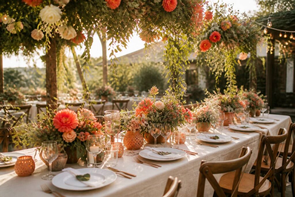 Table de mariage dressée dans un jardin avec centres de table fleuris corail