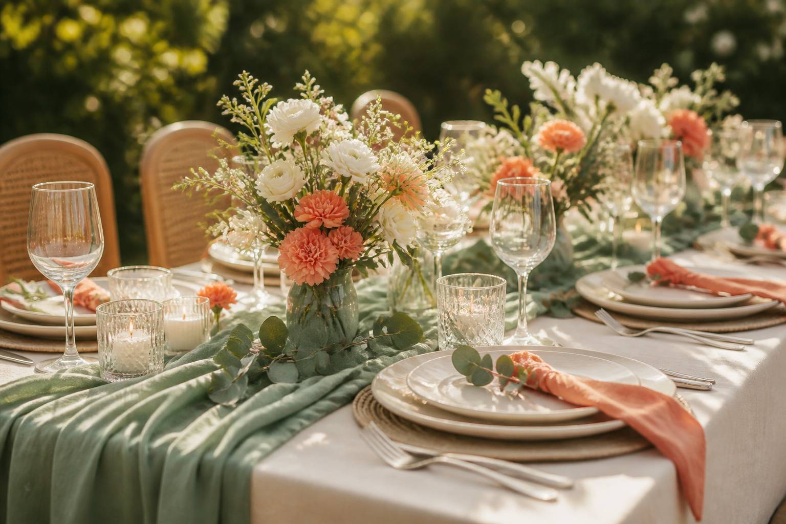 Table de banquet dressée avec fleurs et couverts dans un jardin