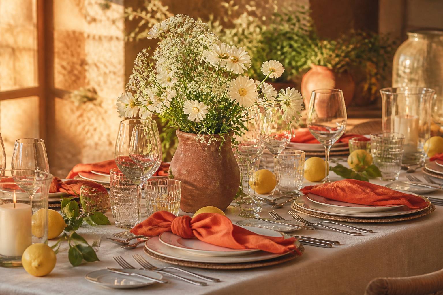 Tavola apparecchiata con fiori bianchi e limoni freschi