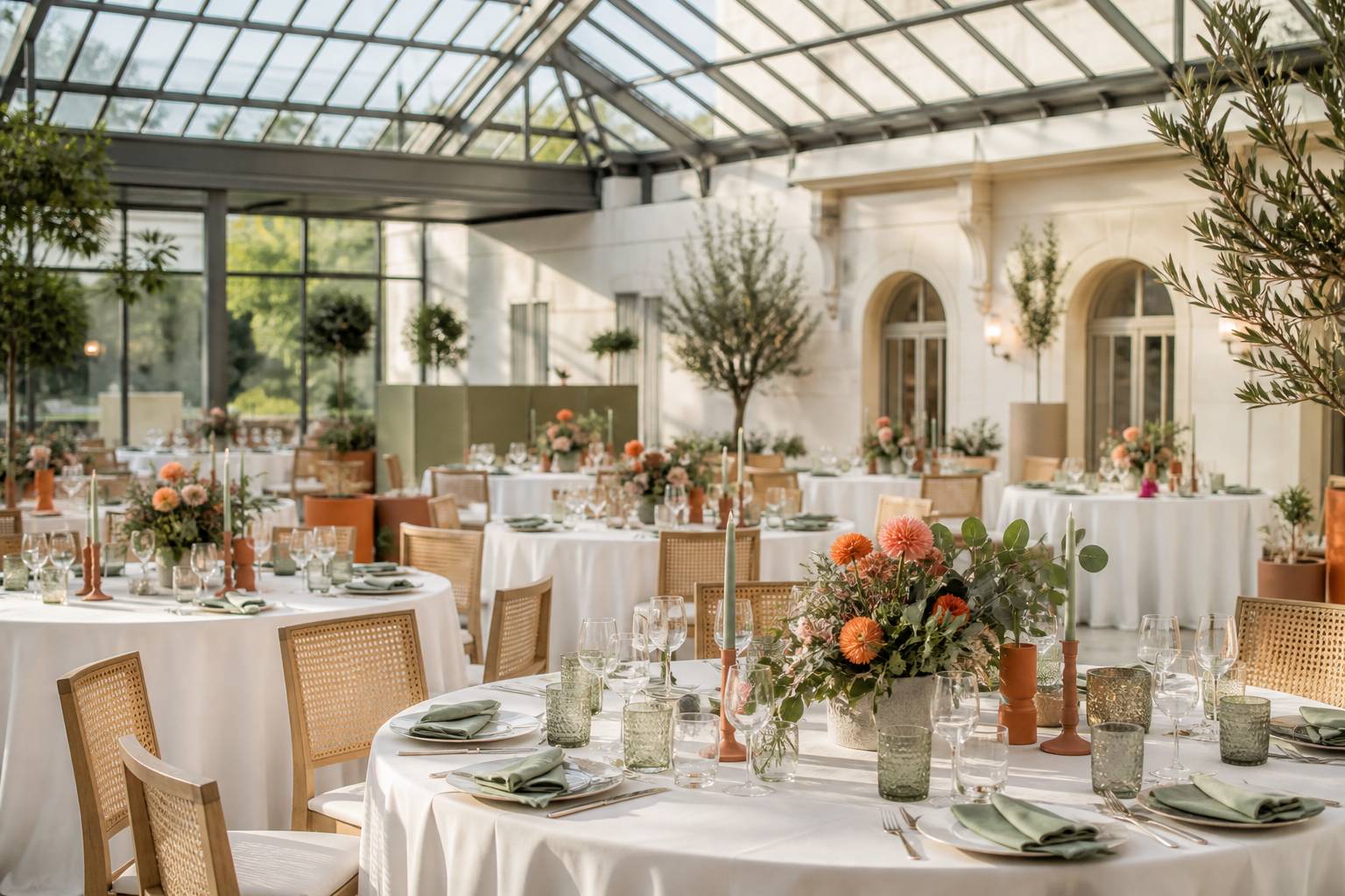 Salle de banquet avec tables rondes blanches et centres de table fleuris