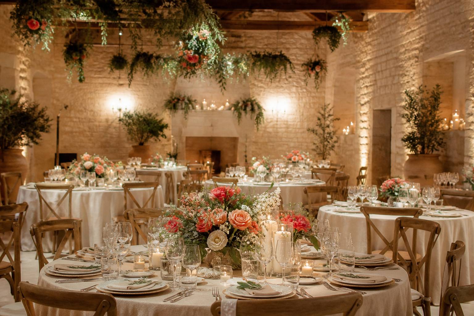 Salle de réception avec tables rondes dressées et fleurs