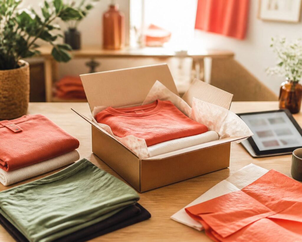 Colis de vêtements en ligne ouvert sur une table avec des tissus colorés et une tablette