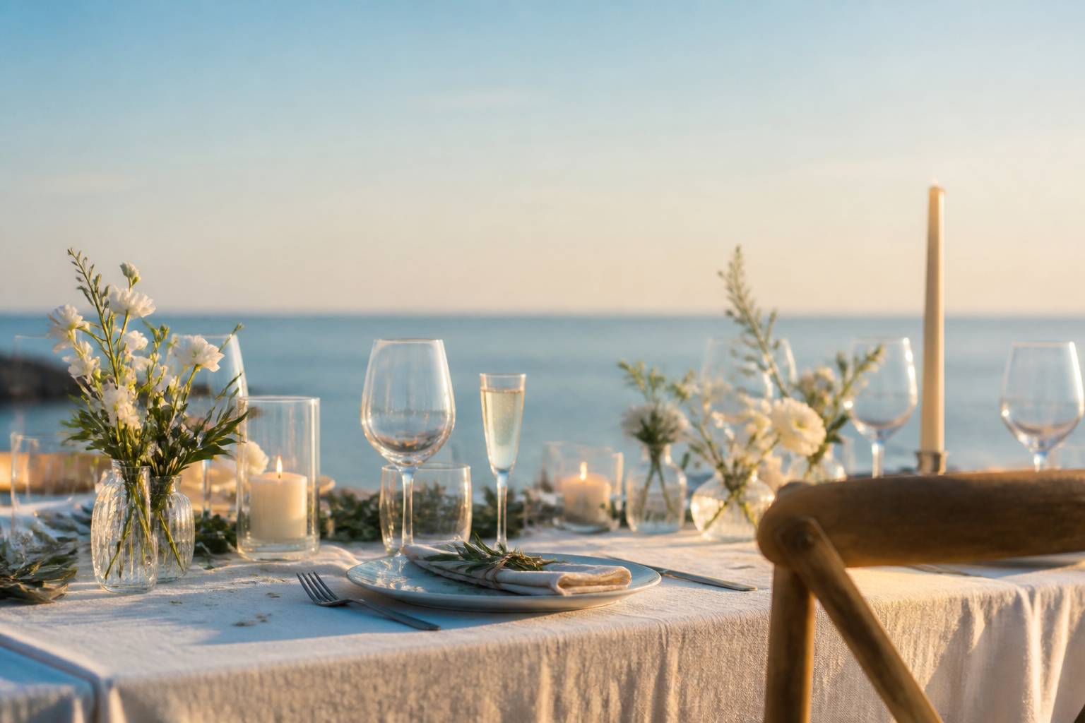 Table de mariage en bord de mer avec nappe en lin et bougies