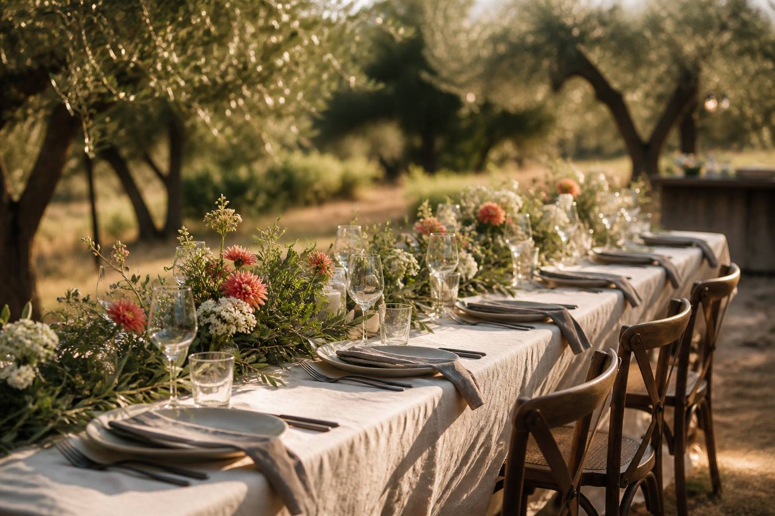 Table de réception champêtre avec nappe en lin et fleurs des champs