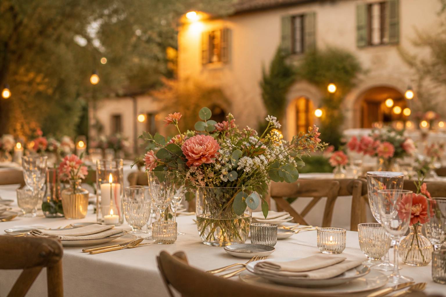 Table de réception de mariage dressée avec fleurs corail devant une villa historique