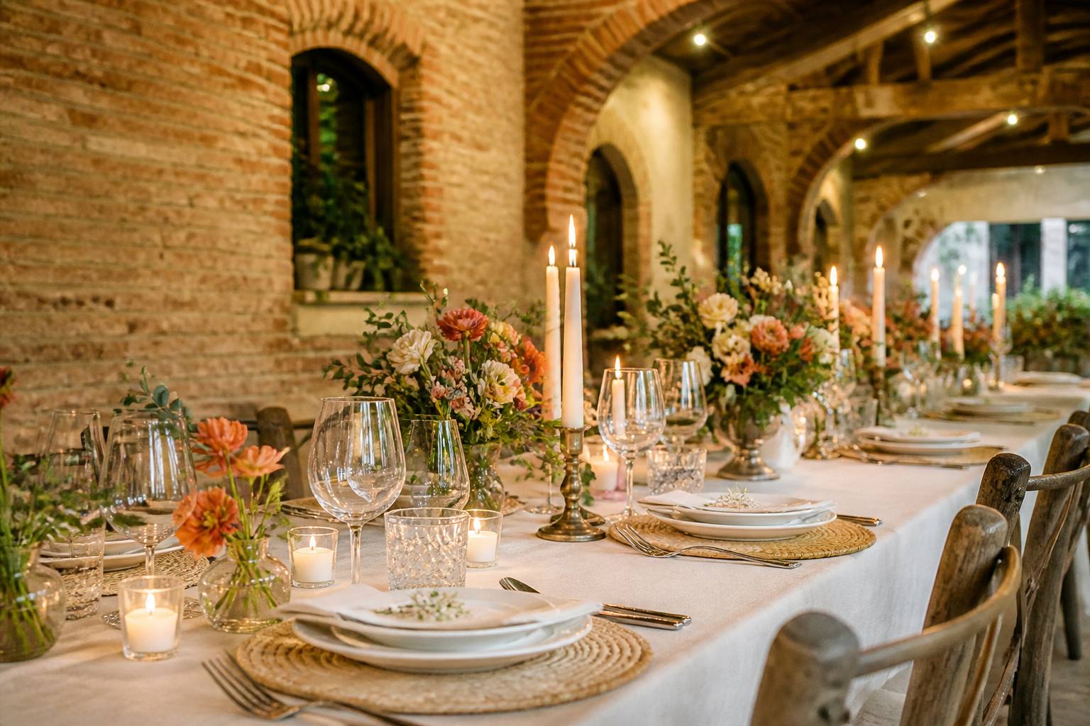 Table de banquet dressée sous une barchessa avec fleurs champêtres