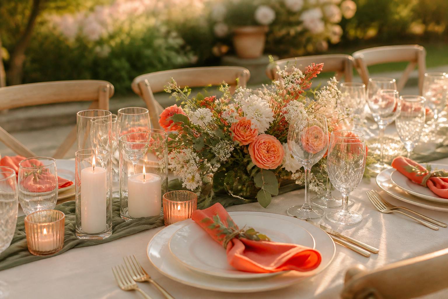 Table de mariage dressée avec vaisselle crème, fleurs champêtres et bougies dans un jardin