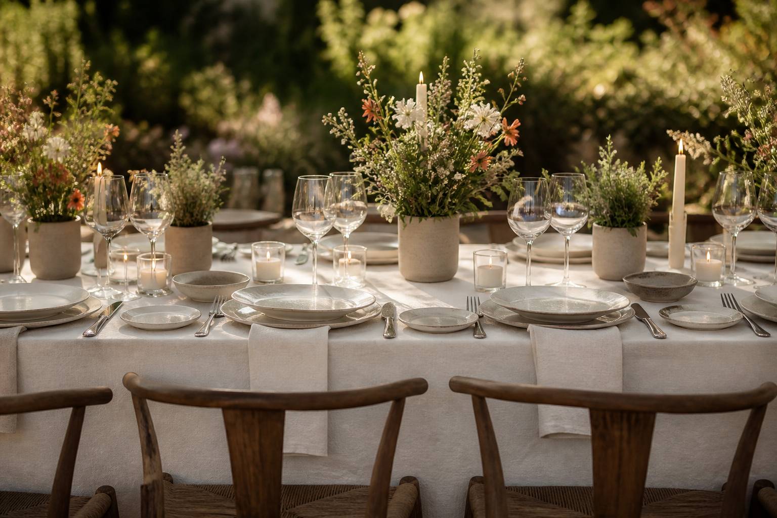Table de réception de mariage dressée avec vaisselle claire, bougies et bouquets de fleurs des champs