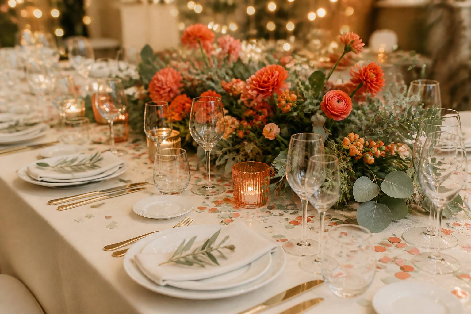 Table de réception dressée avec centre de table fleuri