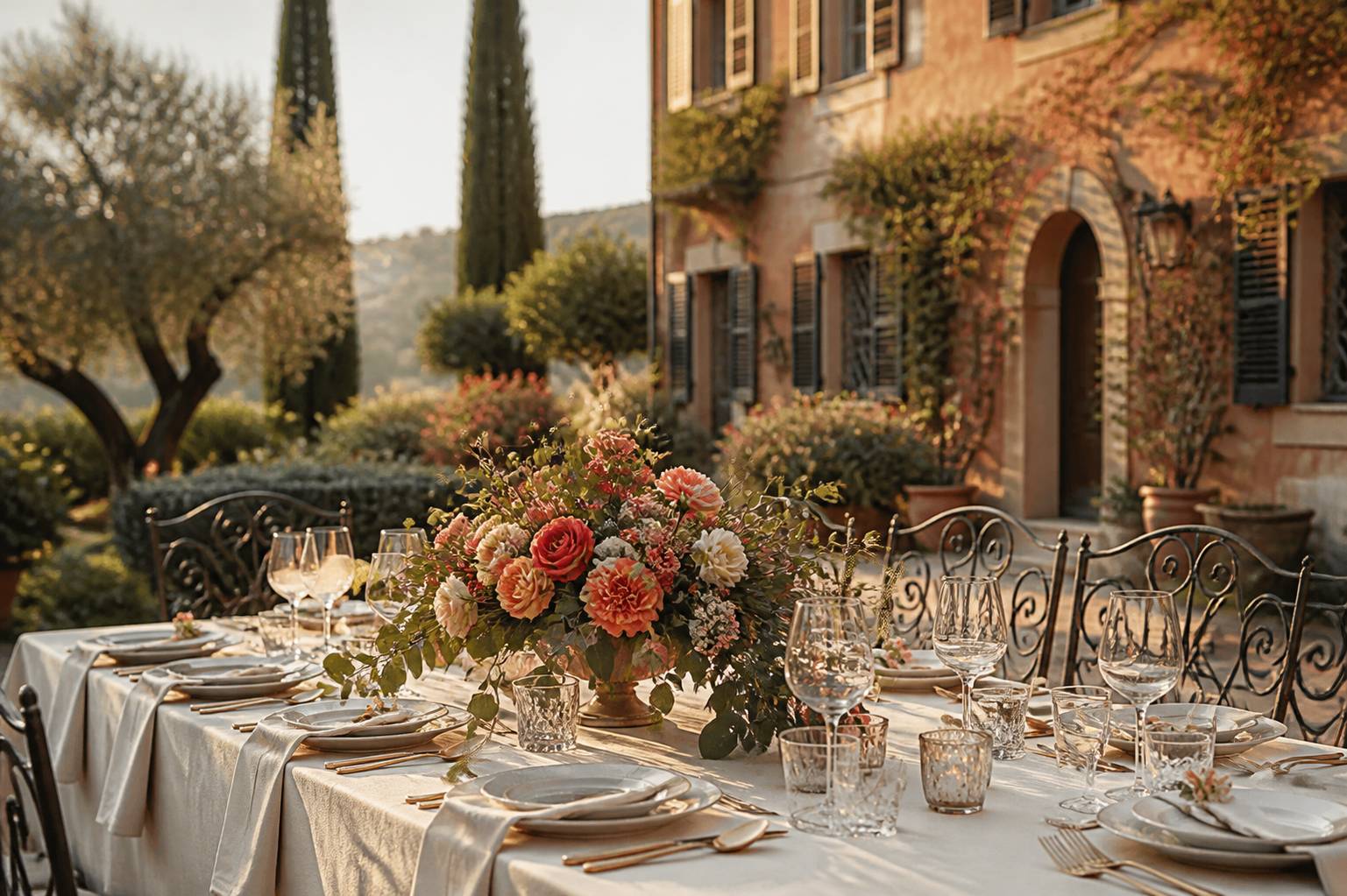 Table de réception dressée avec fleurs dans un jardin de villa