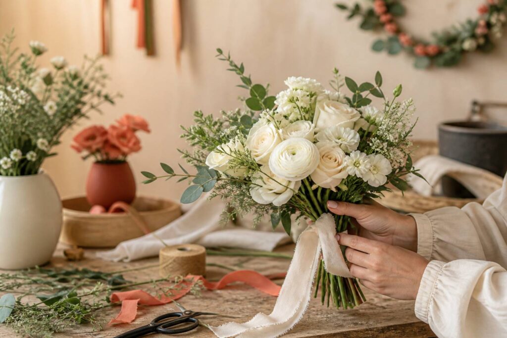 Main aux ongles rose laiteux tenant un bouquet de mariée blanc et crème
