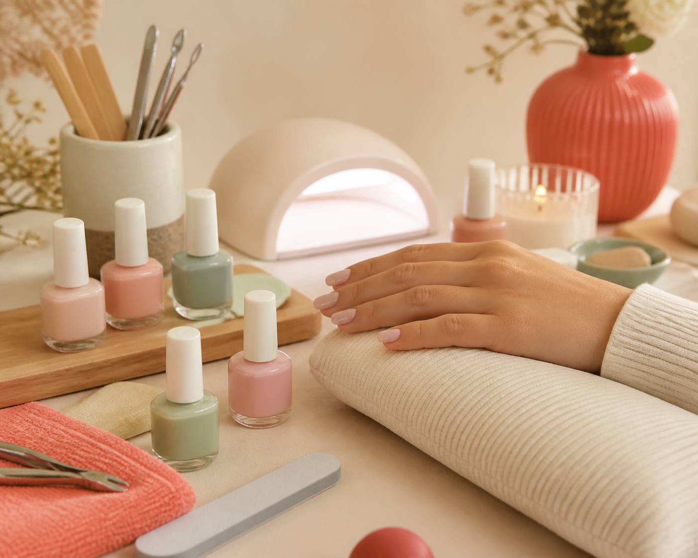 Atelier de manucure avec flacons de vernis pastel et lampe LED
