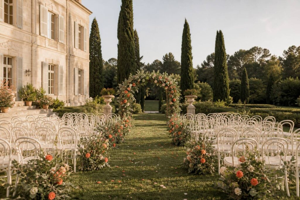 Villa historique en pierre claire avec arche fleurie et chaises blanches dans un parc