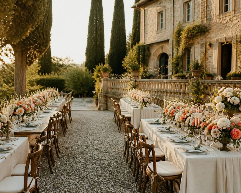 Jardin de villa italienne préparé pour une réception de mariage avec tables et fleurs