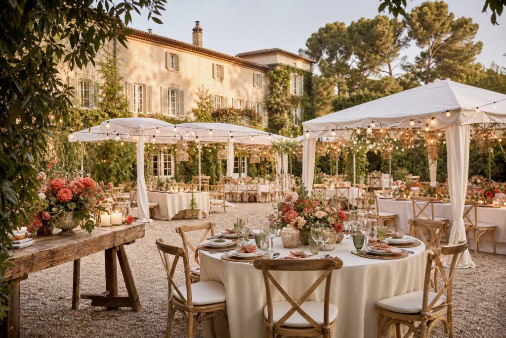 Villa de réception avec jardin et tables dressées sous des tonnelles