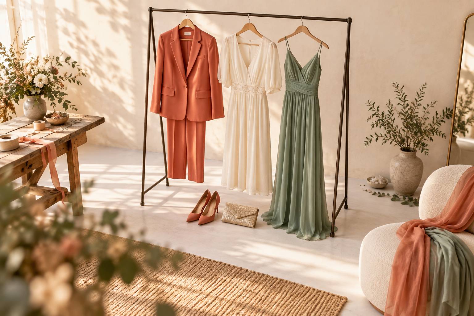 Tailleur et robes de ceremonie suspendus sur un portant