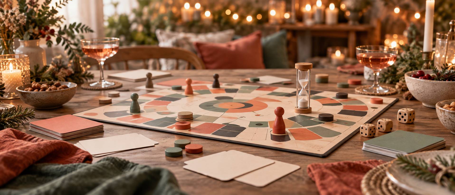Table de fete avec verres, jeux en bois et guirlandes lumineuses le soir