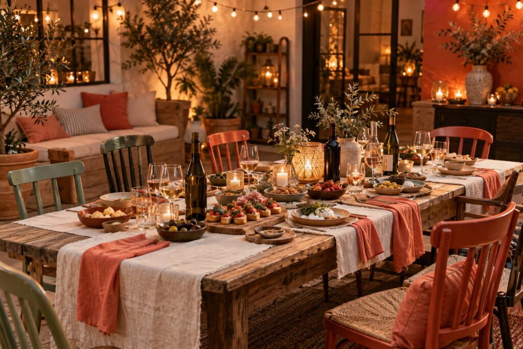 Table de fete avec verres, jeux en bois et guirlandes lumineuses le soir